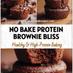 Stack of fudgy Healthy No Bake Brownie Bites made with protein powder showing rich texture for Paleo and Vegan Protein Brownies.